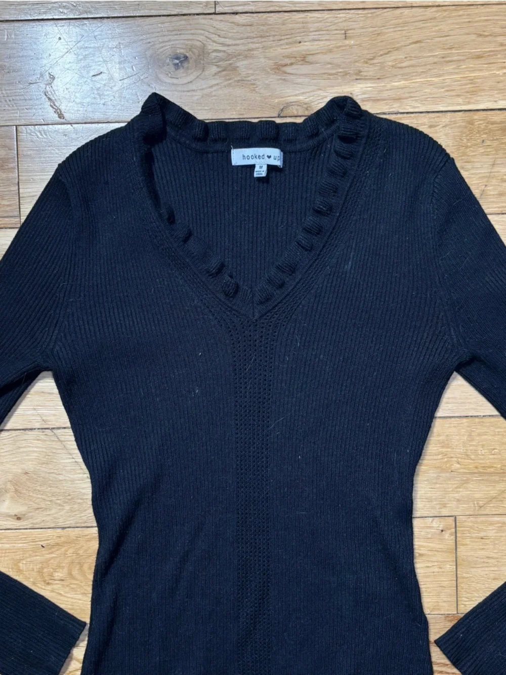Ribbed Black V-Neck Sweater Ruffle Trim Long Sleeve Size M